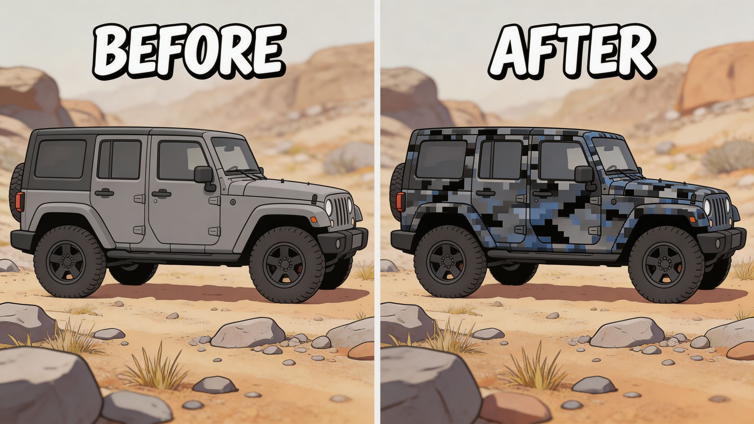 A side-by-side comparison of a Jeep Wrangler before and after applying blue digital camouflage vinyl decals.