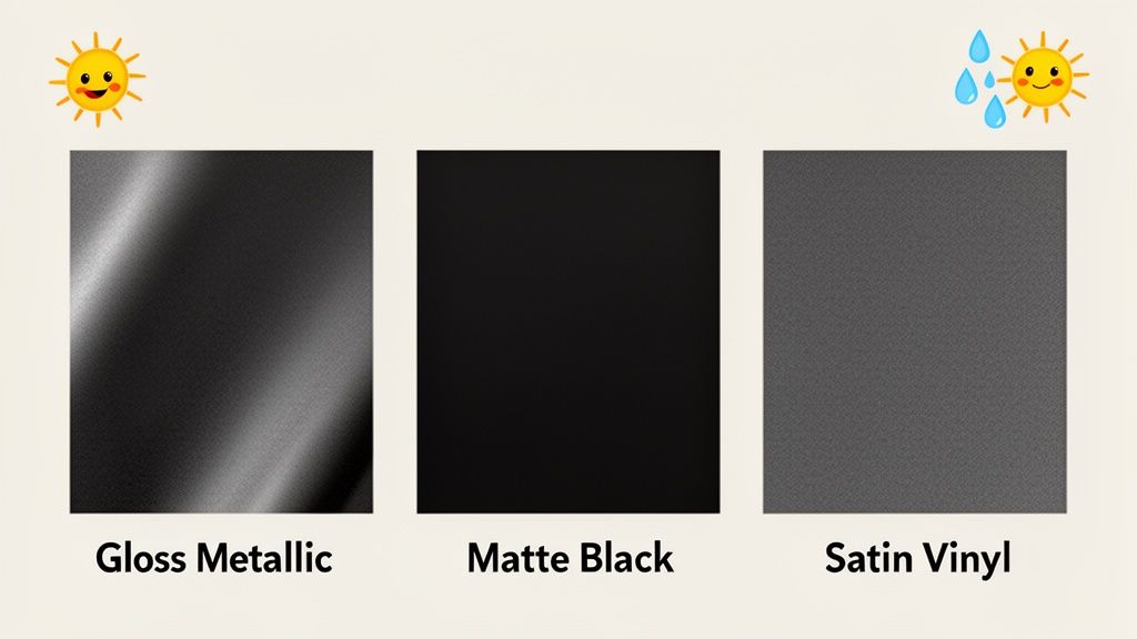 Three dark automotive vinyl samples: reflective Gloss Metallic, flat Matte Black, and subtle Satin Vinyl.