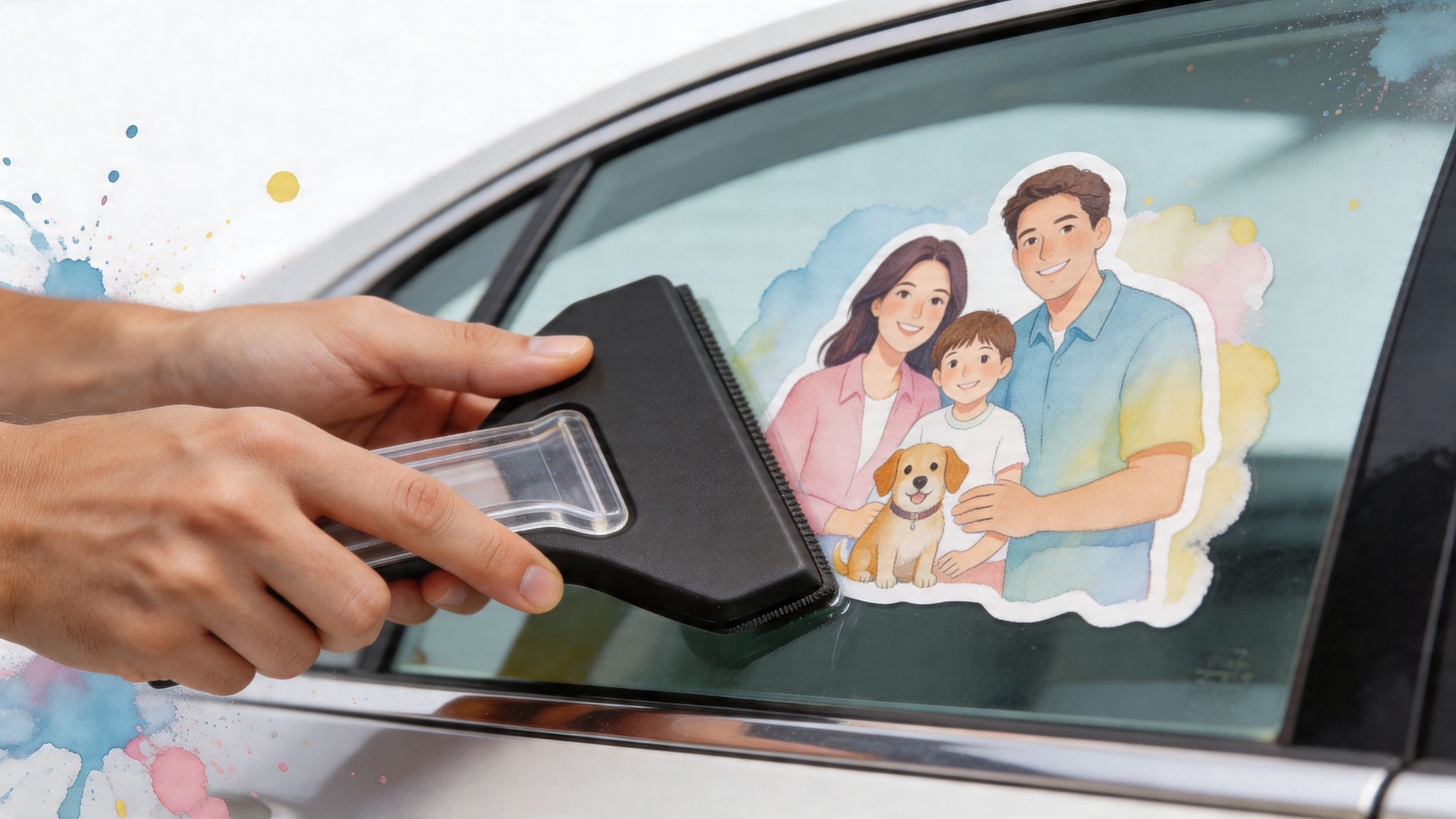 A hand using a squeegee to smooth a watercolor-style family portrait decal onto a car window.
