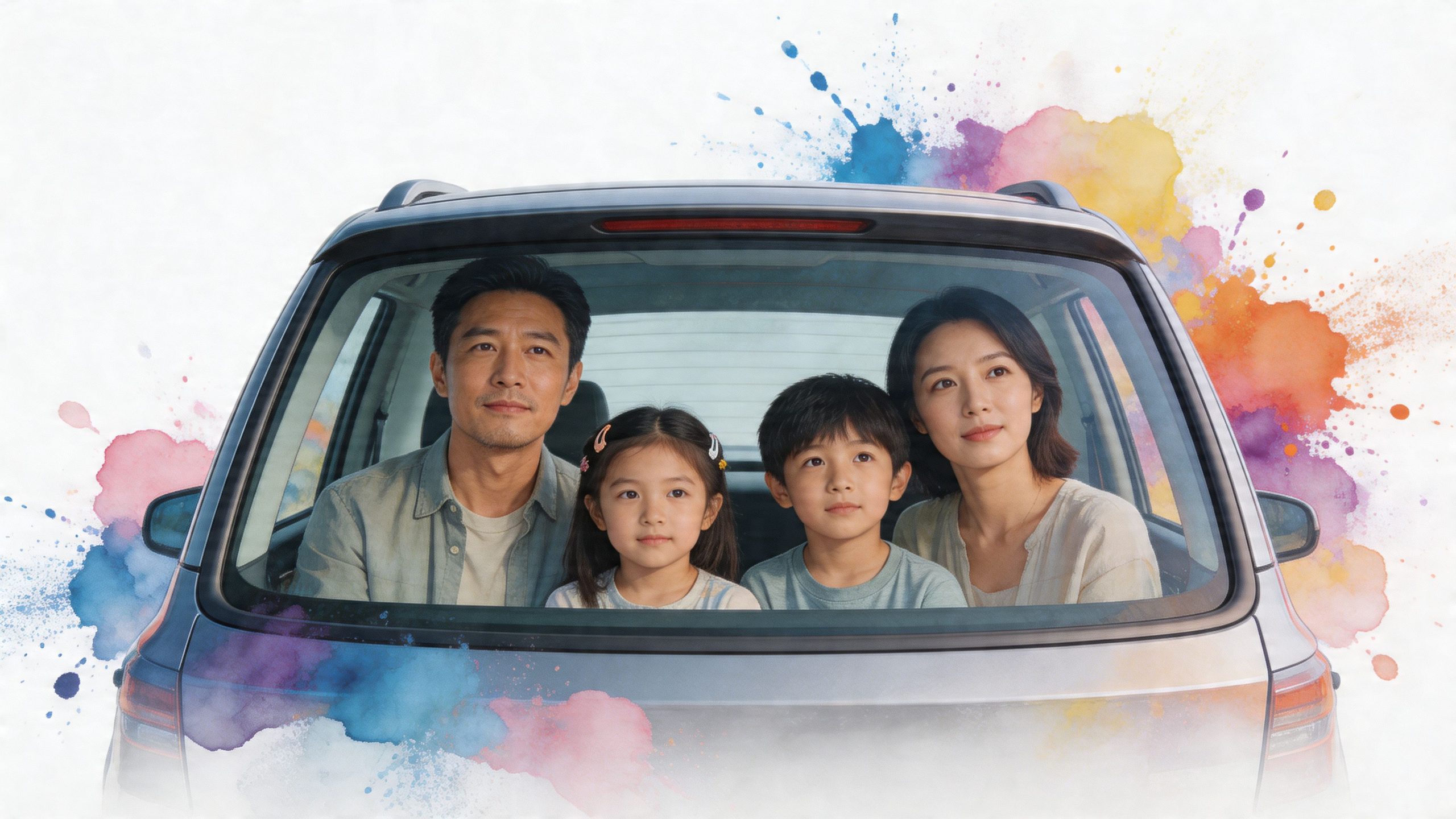 A family of four sits together inside a car, framed by colorful watercolor paint splashes.