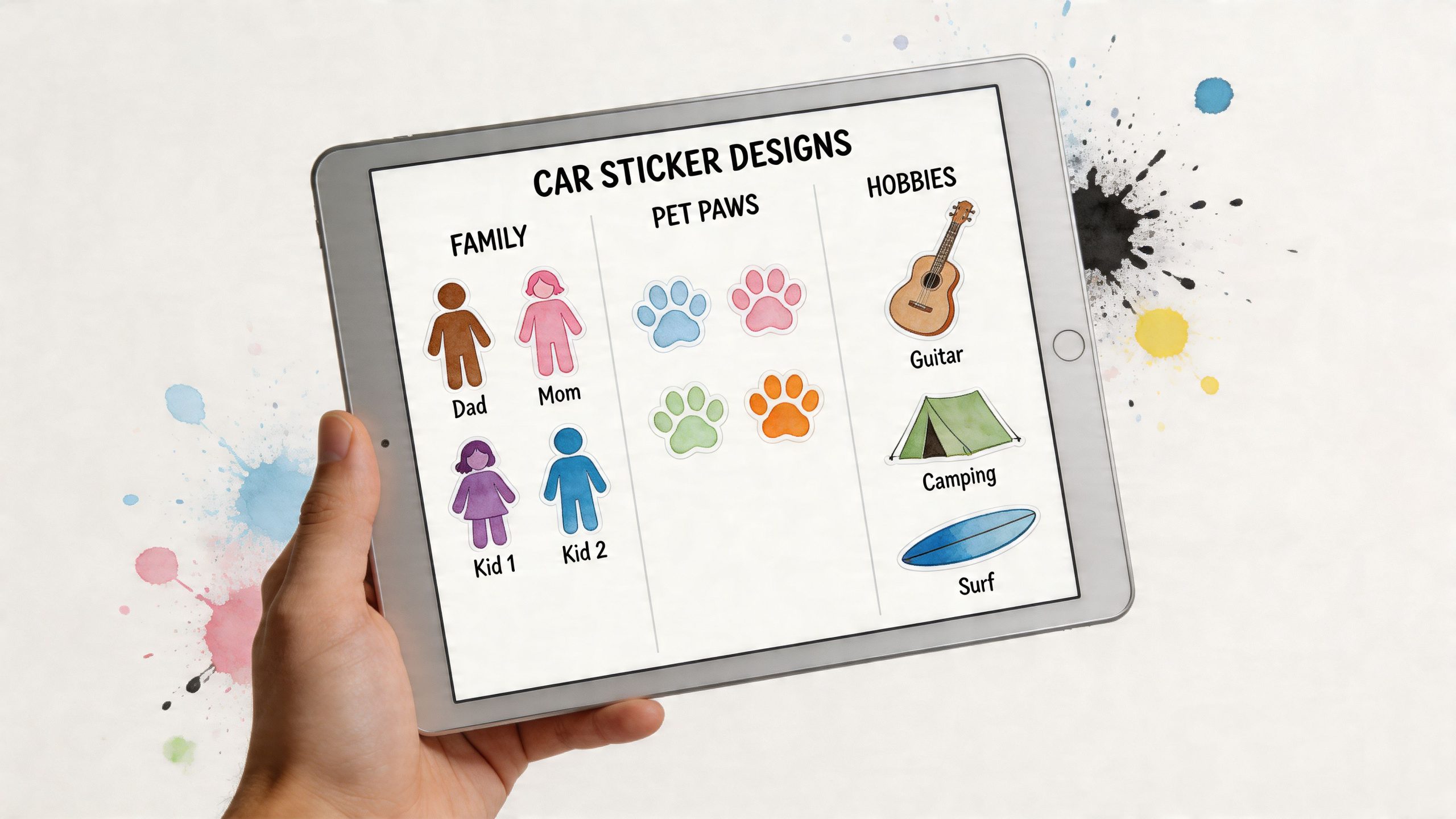 A hand holding a tablet displaying various family car sticker designs, including figures, paw prints, and hobbies.
