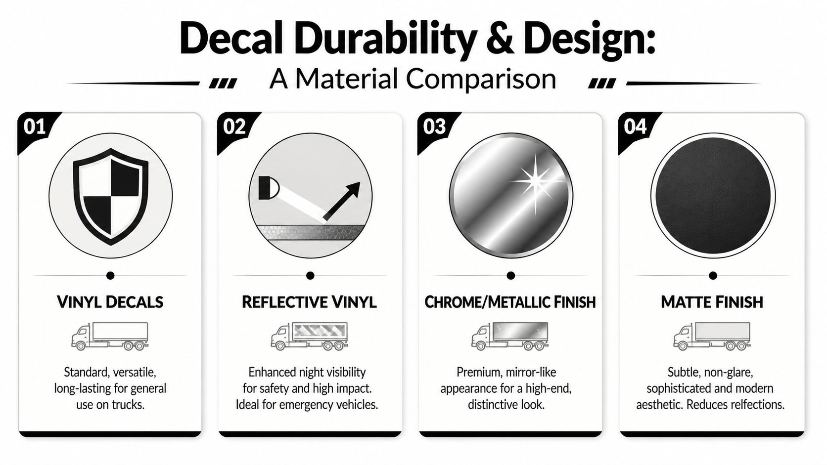 A comparison chart outlining the durability and design features of four different types of truck decals.