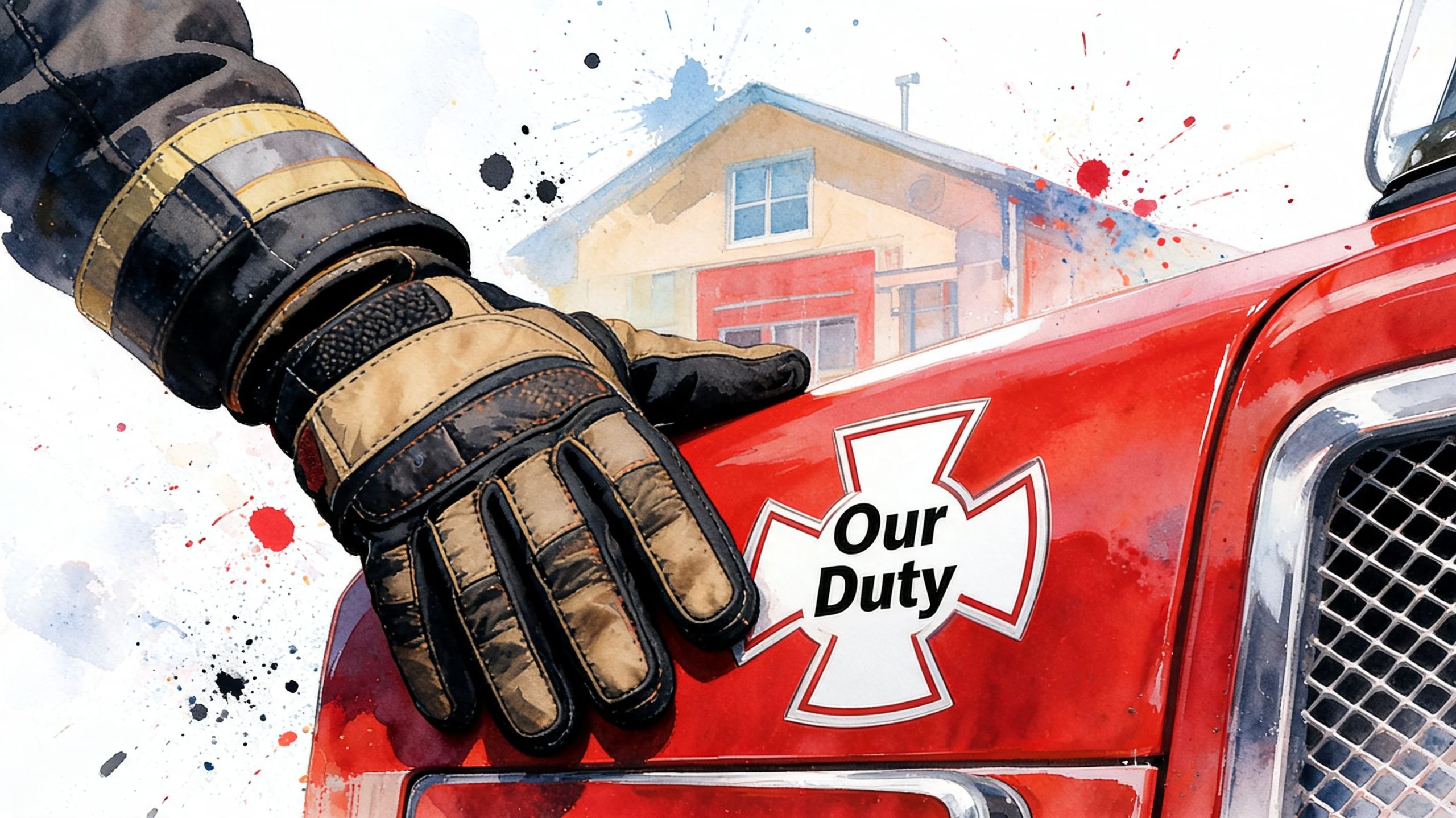 A firefighter wearing a protective glove resting their hand on a red truck with a duty decal.