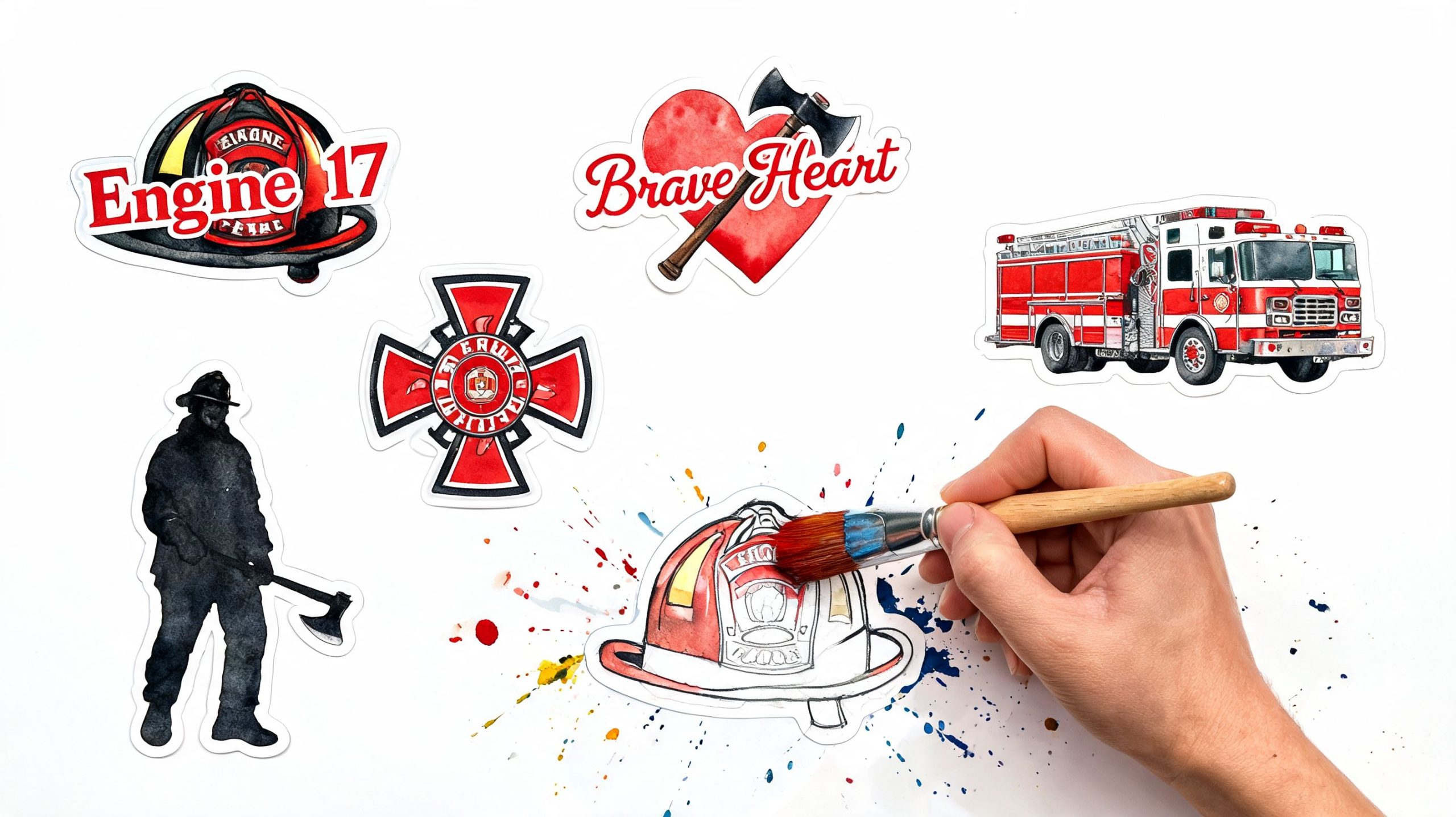 Set of firefighter themed stickers including helmets, a firetruck, a firefighter silhouette, and a hand painting a helmet.