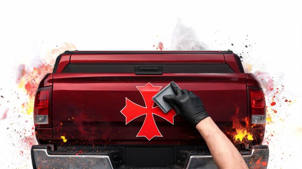 Person wearing a black glove applying a red Iron Cross sticker to the tailgate of a red pickup truck, with paint splatter background.