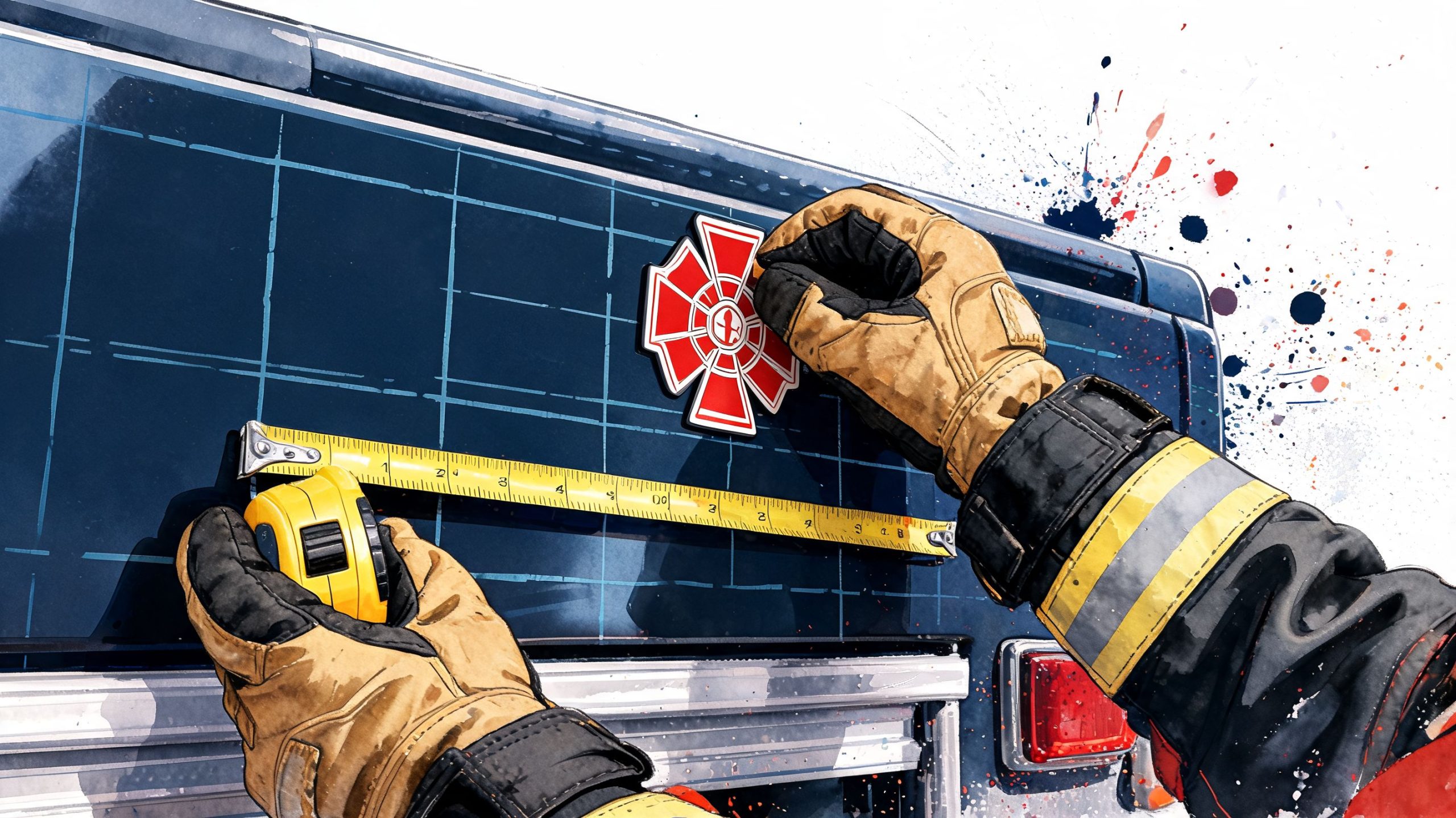 A firefighter in protective gear precisely measures the placement of a red Maltese cross truck decal.