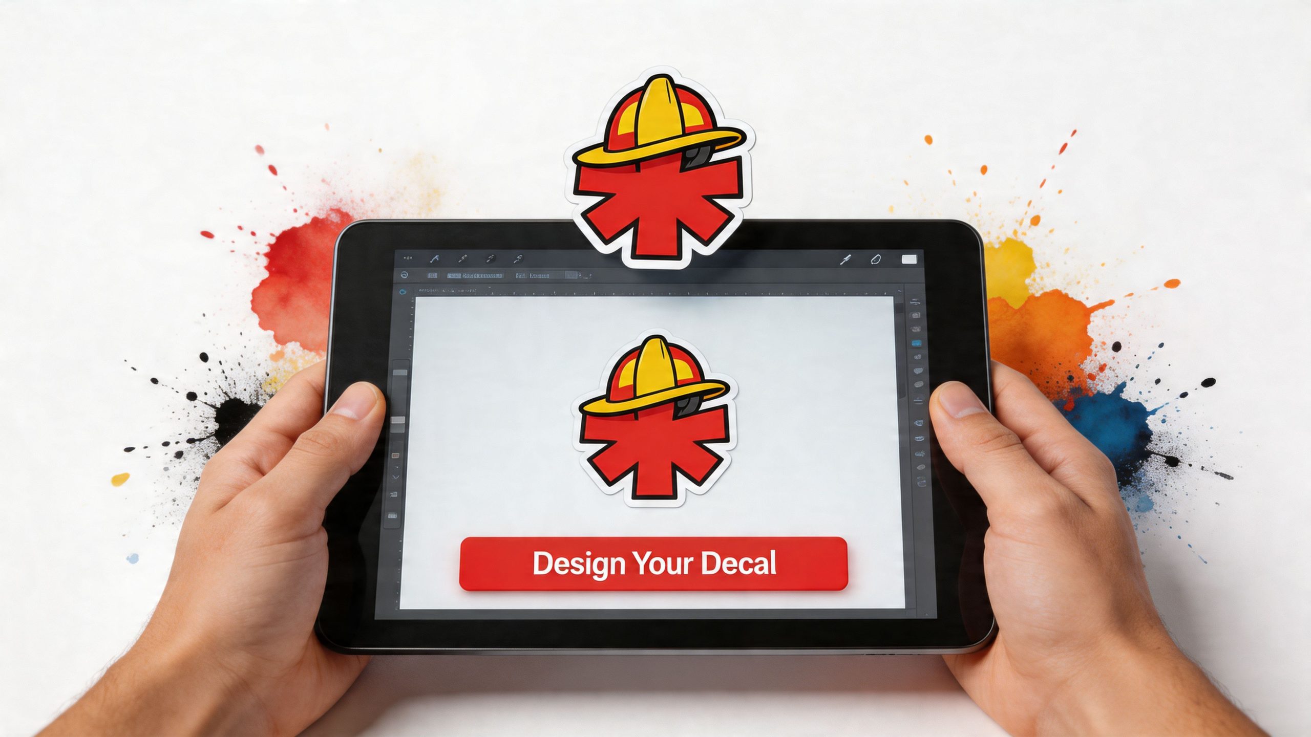 A person holding a tablet showing a custom firefighter helmet logo design tool for creative decals.
