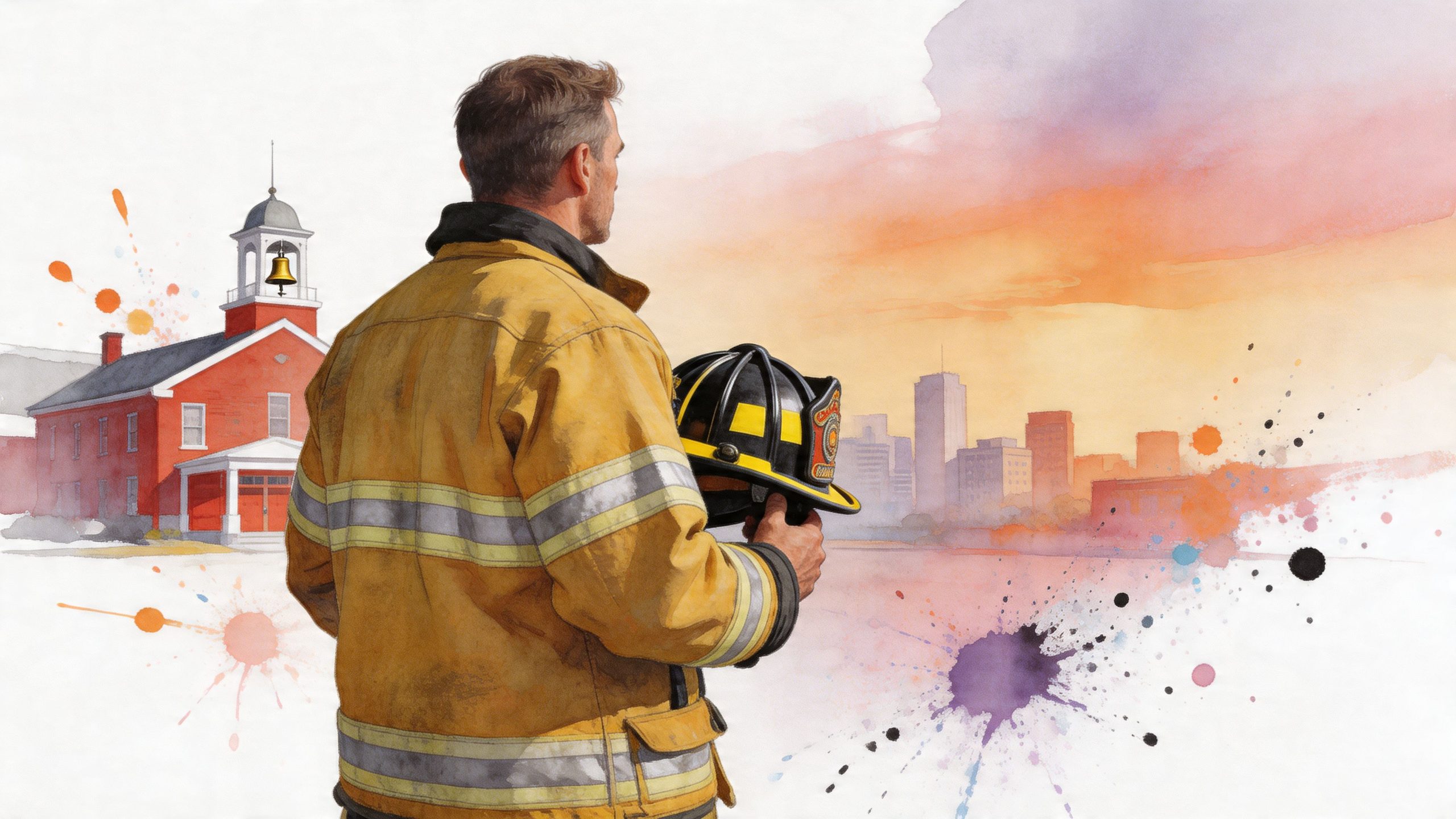 A firefighter in uniform standing while holding his helmet, looking at a city skyline and school building.