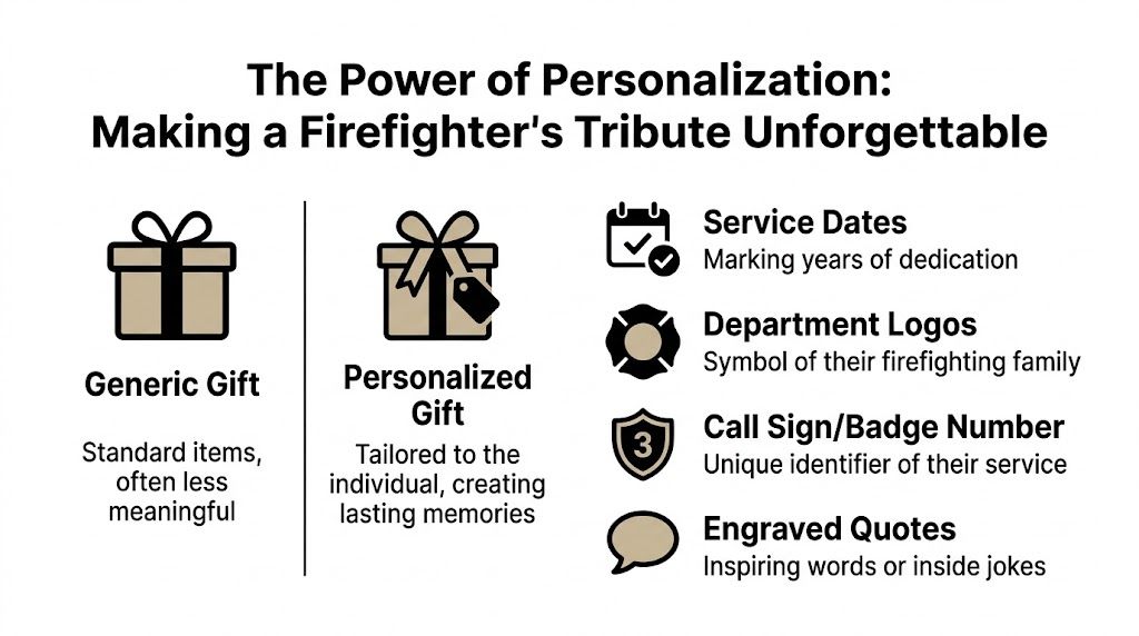 A graphic comparing generic gifts versus personalized tribute gifts for firefighters, highlighting key customization options for memorials.
