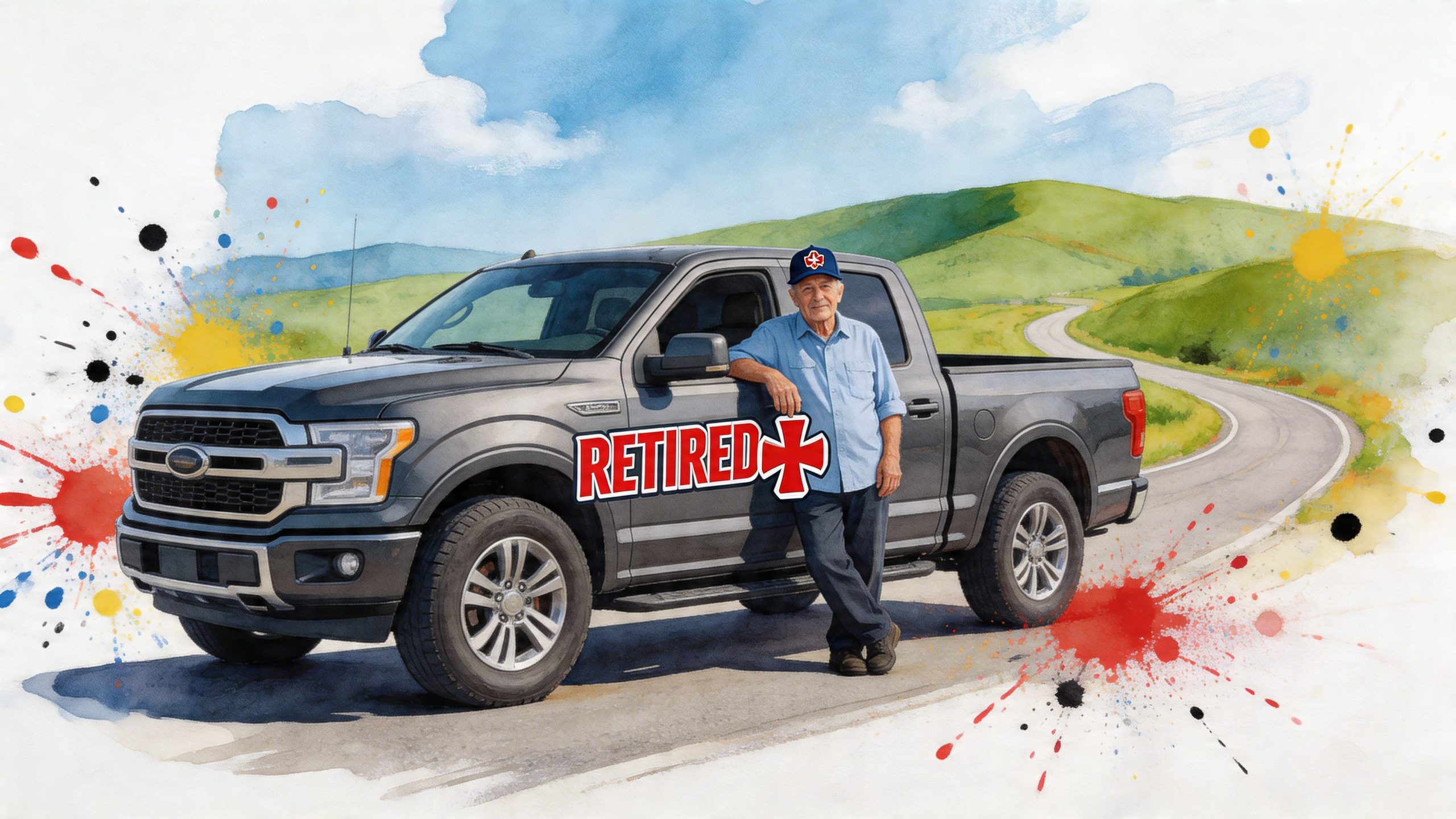 A retired firefighter standing proudly next to his grey pickup truck on a scenic winding road.