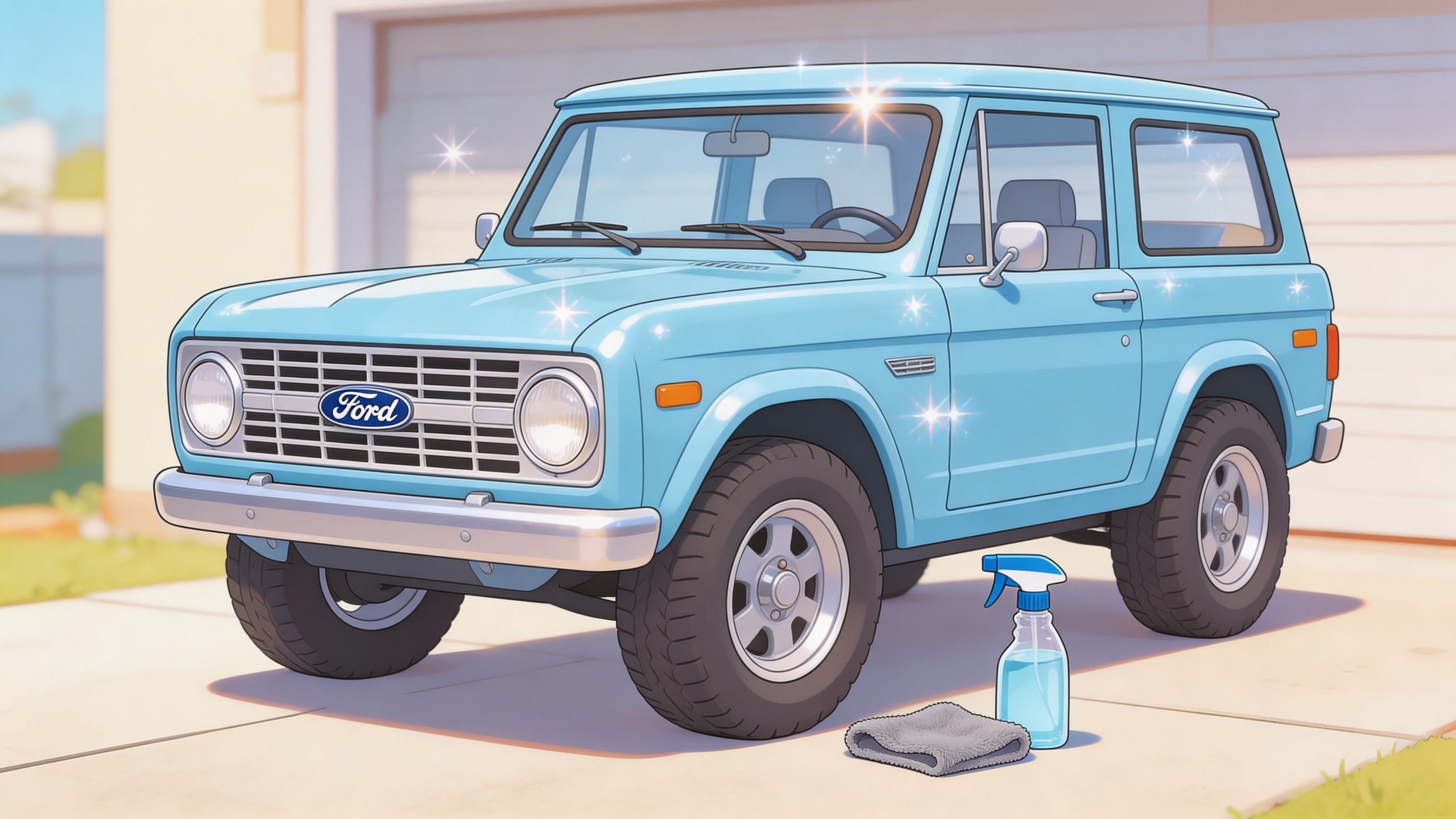 A clean light blue vintage Ford Bronco parked in a driveway next to a cleaning spray bottle.