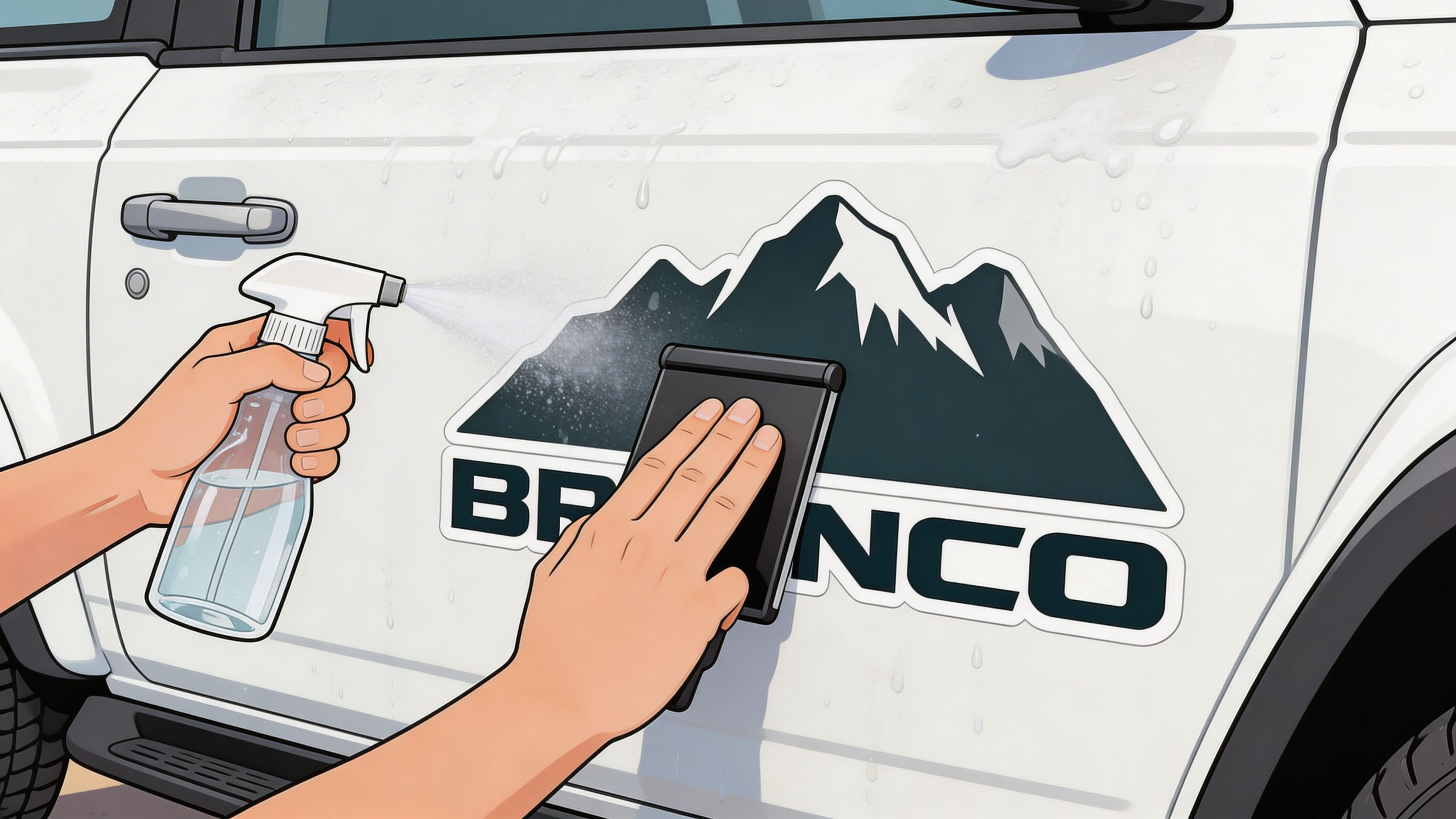 A person applying a mountain-themed Ford Bronco vinyl decal to a white car door using a spray bottle.