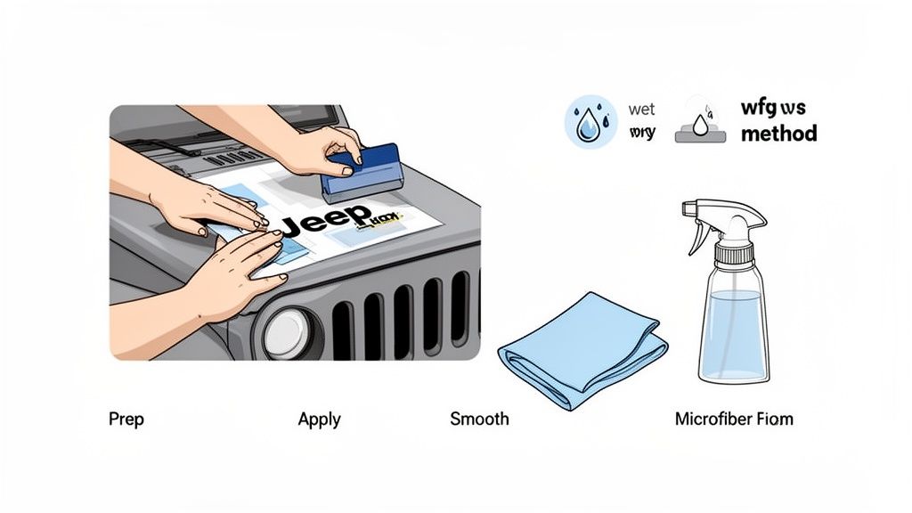 Hands applying a 'Jeep' decal to a gray vehicle hood, with microfiber cloth and spray bottle shown for application methods.