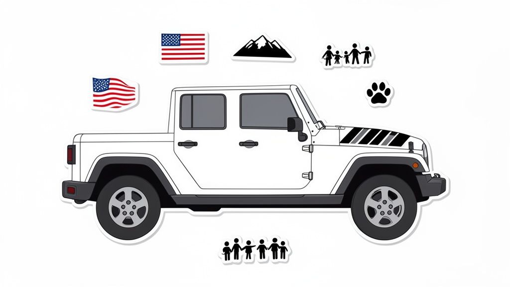 A white Jeep Gladiator pickup truck with American flag, mountain, family, and paw print decals.
