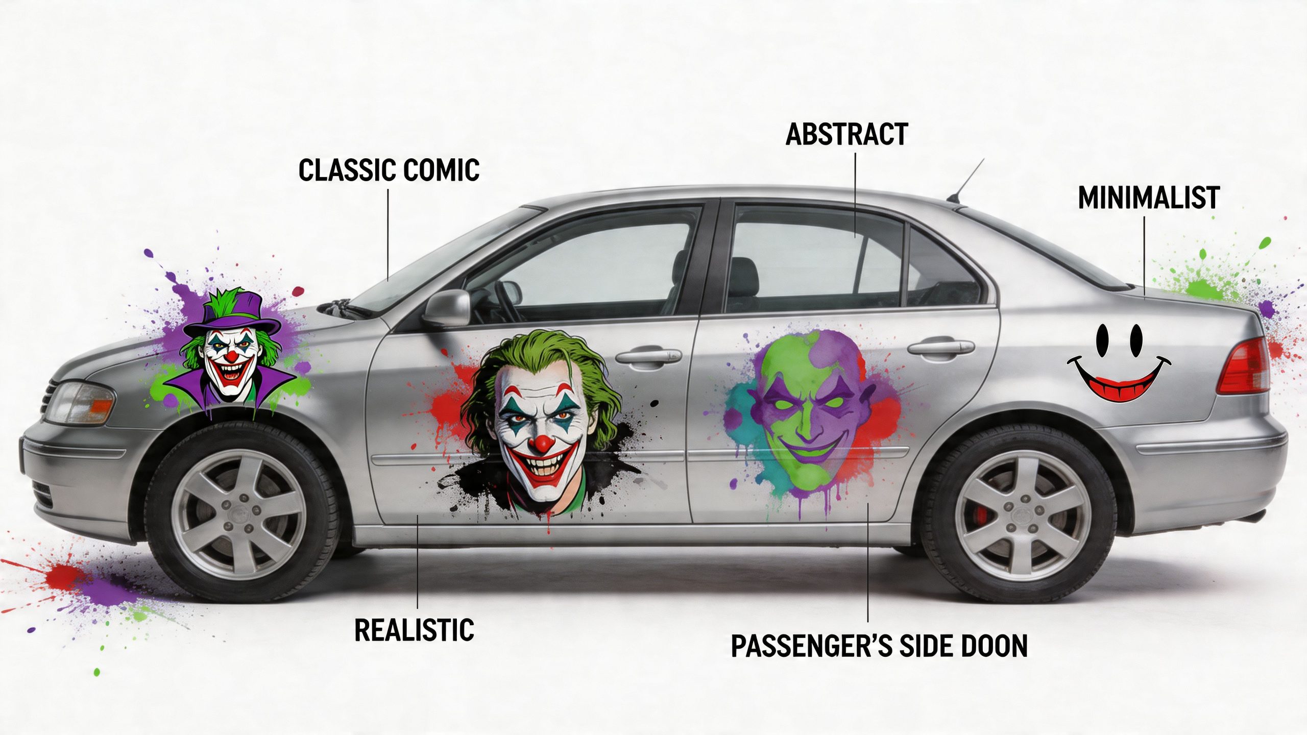 A silver car side view displayed with four distinct Joker-themed decal art styles for vehicle customization.