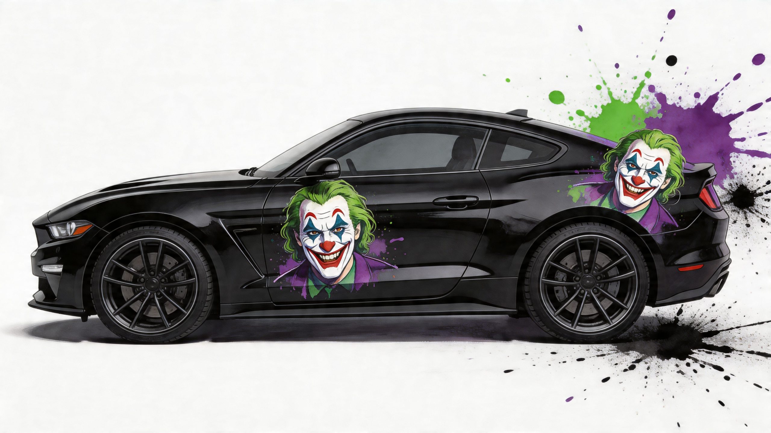 A sleek black sports car adorned with vibrant Joker character decals and artistic paint splatters on the sides.