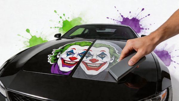 Close-up of a hand peeling a Joker-faced vinyl decal off a black car, with green and purple paint splashes in the background.