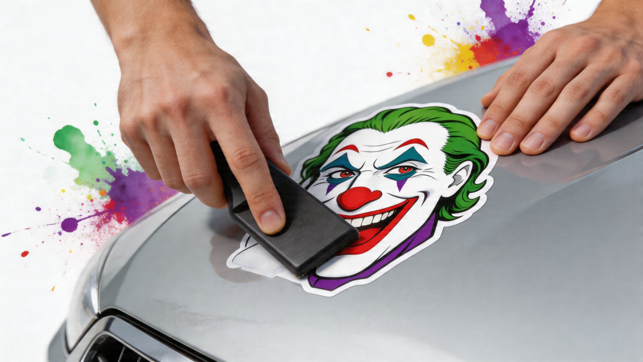 A person applying a colorful Joker face decal onto the hood of a silver car using a squeegee.