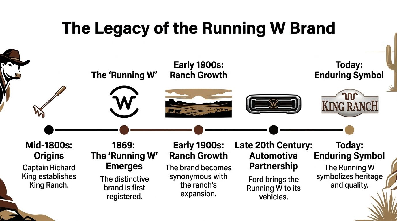A timeline graphic showing the history and legacy of the King Ranch Running W brand from 1869.