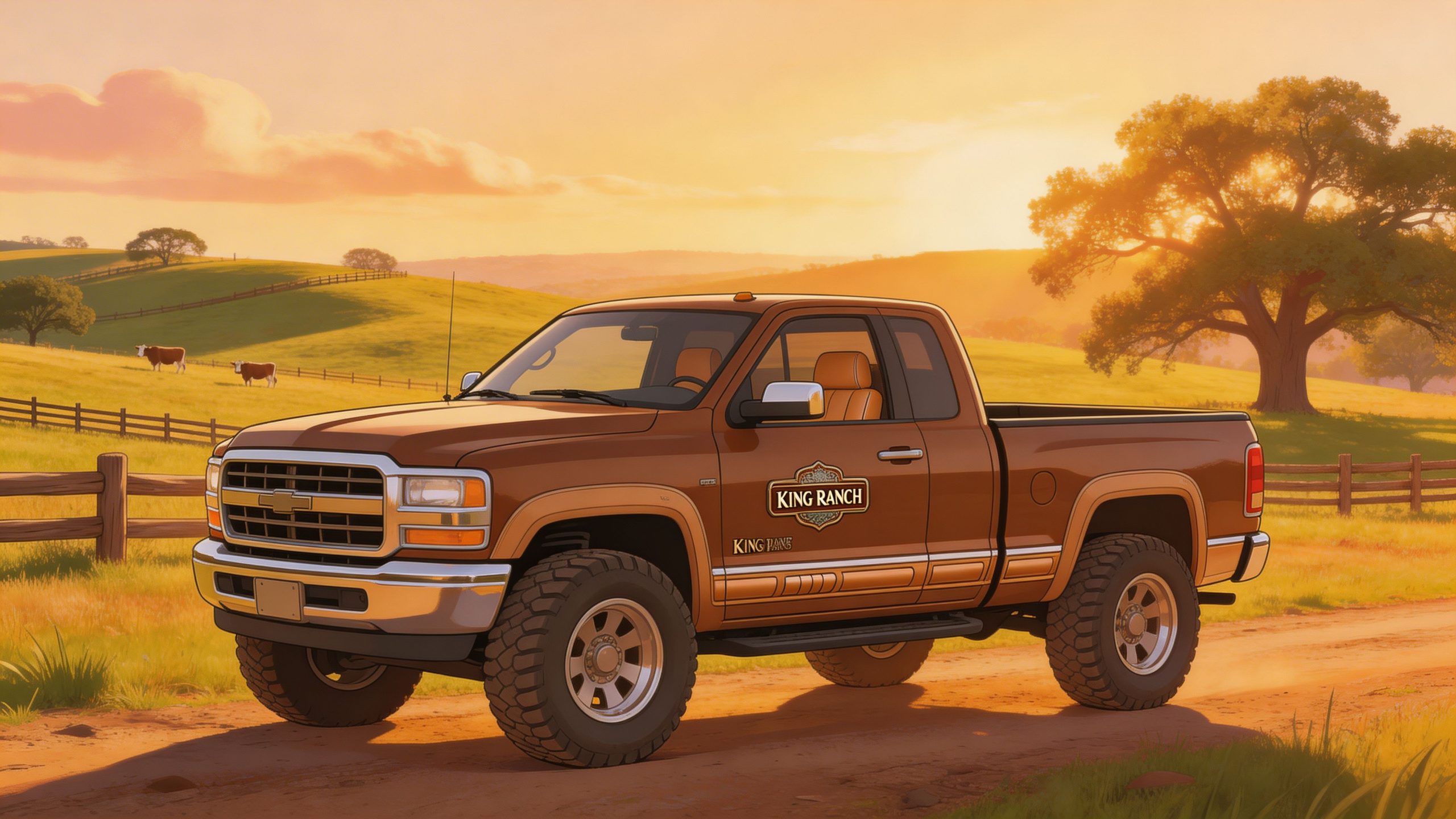A brown King Ranch pickup truck parked on a dusty country road during a scenic sunset.