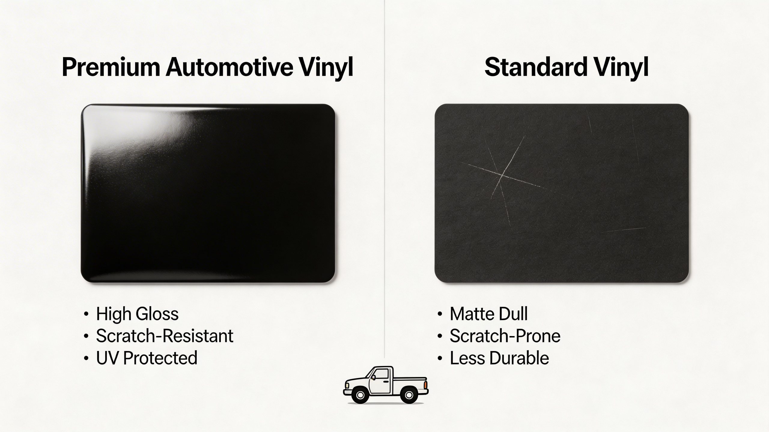 A comparison showing the difference between premium automotive vinyl and standard vinyl for vehicle wraps.