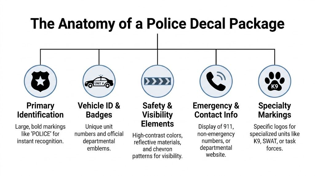 An infographic titled The Anatomy of a Police Decal Package showing key elements of law enforcement vehicle markings.