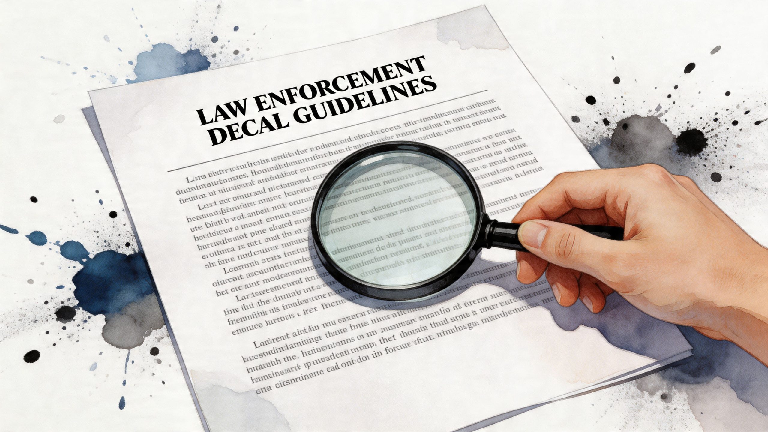 A hand holding a magnifying glass over a document titled Law Enforcement Decal Guidelines with watercolor stains.