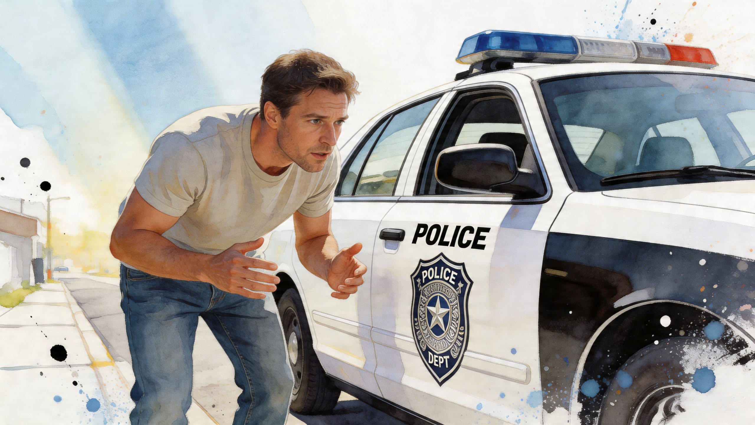 A man looking intently towards a police car parked on a suburban street in a watercolor style.
