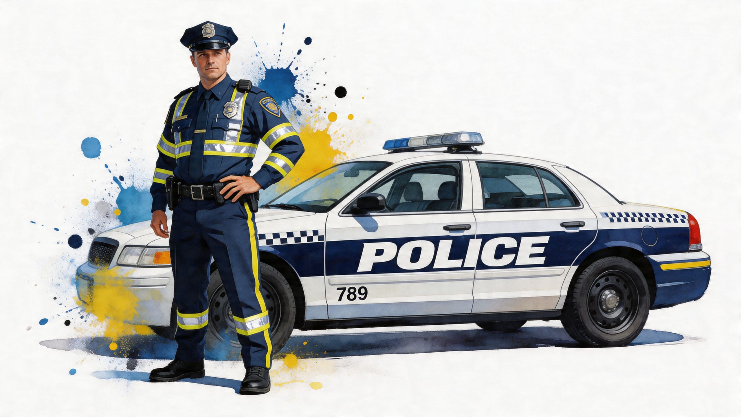 A professional police officer stands confidently next to a white patrol car featuring blue police decals.