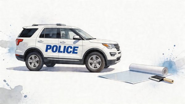 White police SUV with blue 'POLICE' letters, beside rolled blueprints and a drawing plan on the floor.