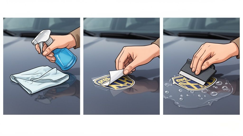An illustration showing three steps to apply military car stickers using spray, peeling, and squeegee tools.