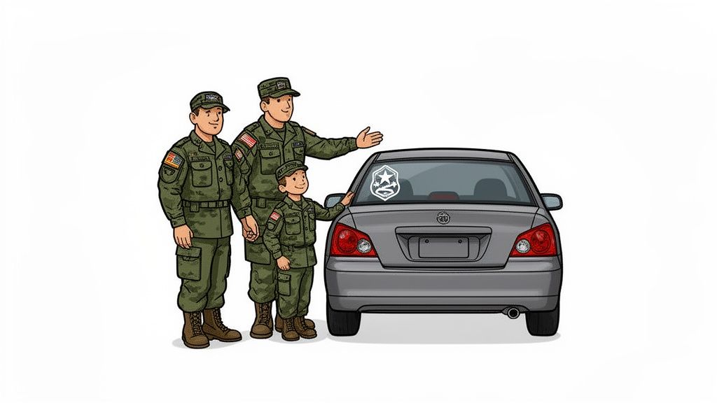 Two military parents and their young child standing proudly next to a car with a military sticker.
