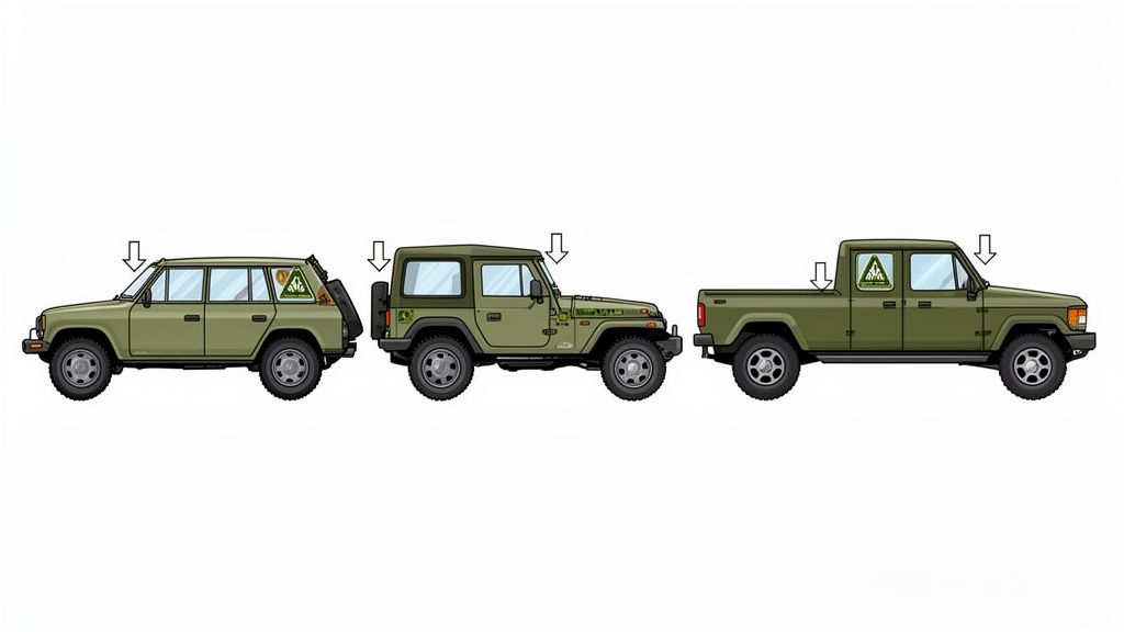Three different models of olive green off-road military style vehicles with white directional arrows pointing at features.