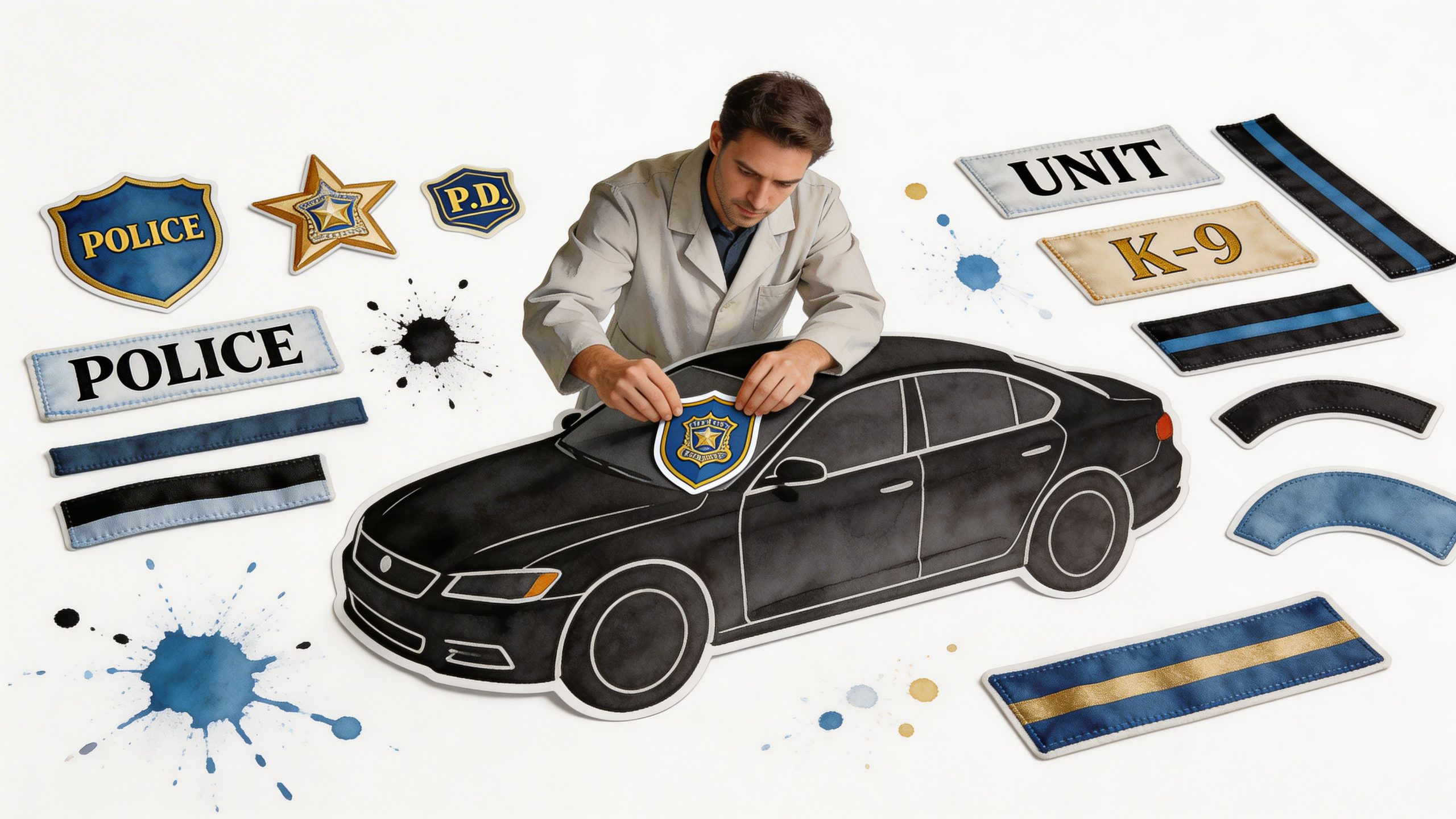 A professional man applying a police department emblem decal to a cutout of a black police car.