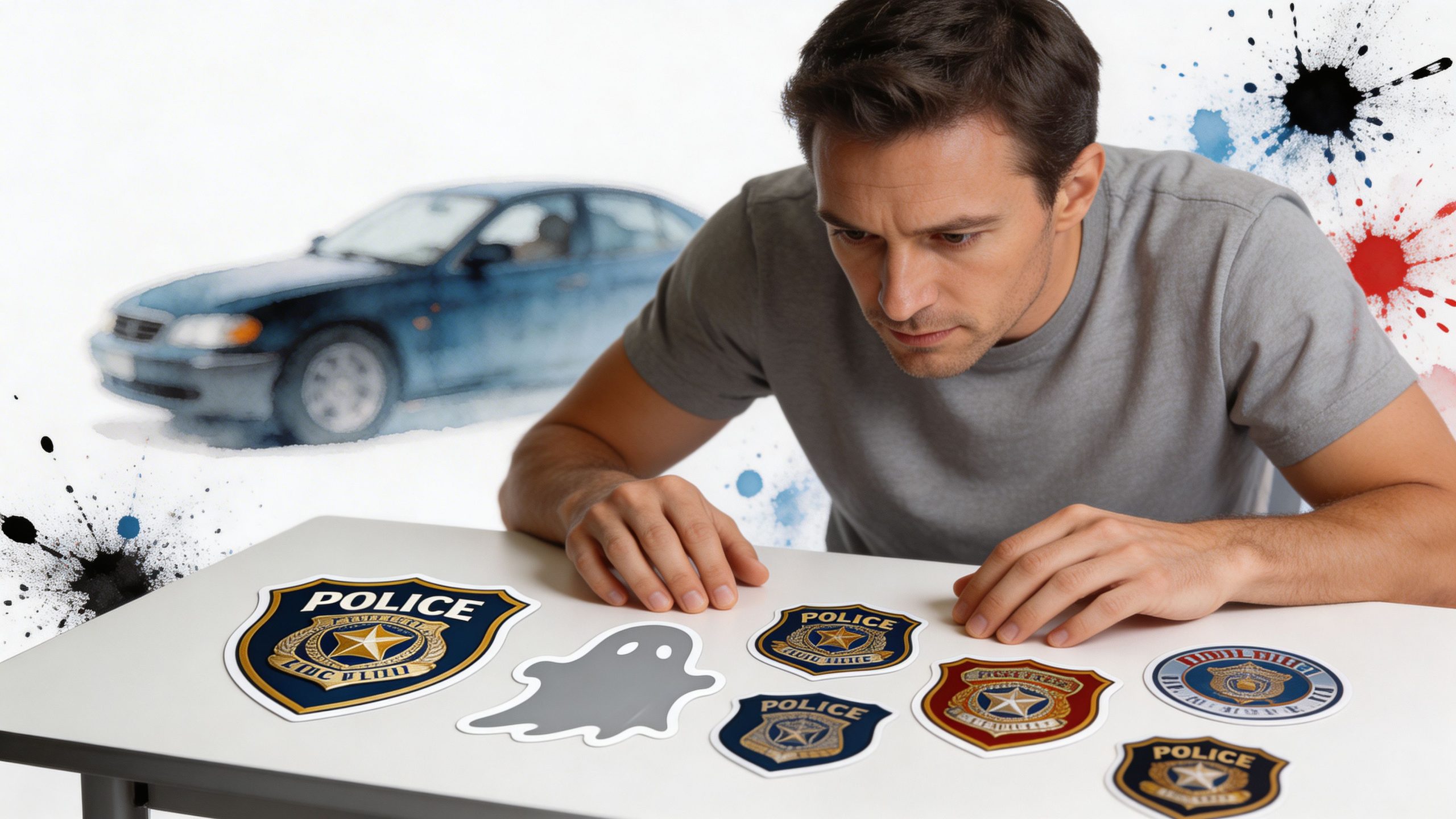 A man examines a collection of various police-themed stickers on a table with a blurred car background.