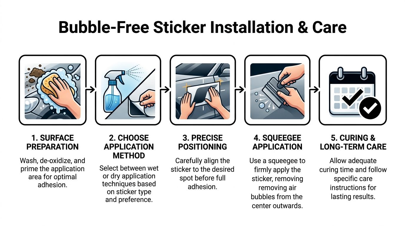 A five-step infographic showing how to apply bubble-free stickers to a vehicle surface properly.