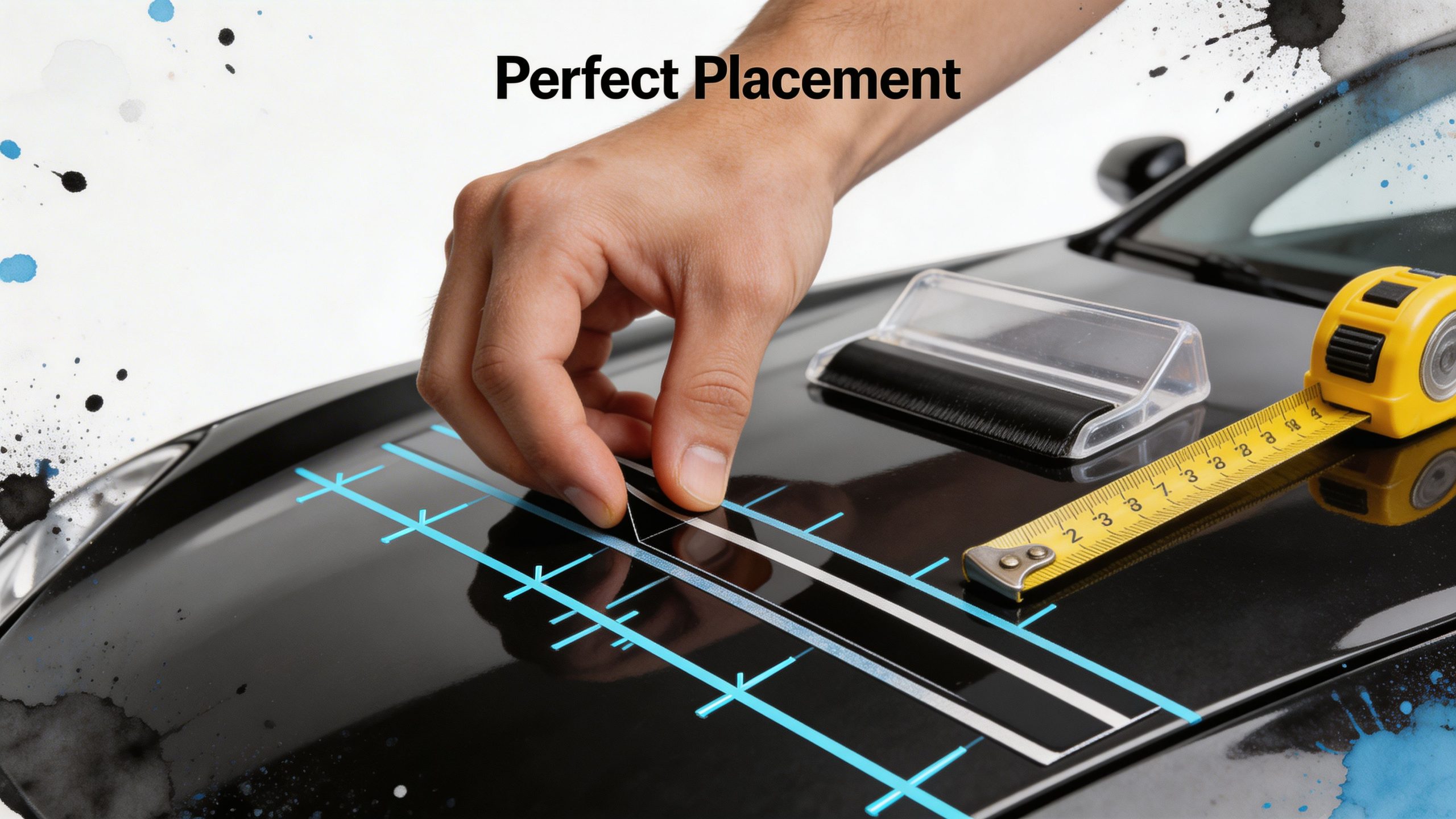 A close-up view of a person carefully applying a sticker onto a glossy car hood with measuring tools.
