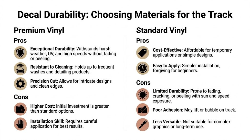 A comparison chart highlighting the pros and cons of using premium versus standard vinyl for race track decals.