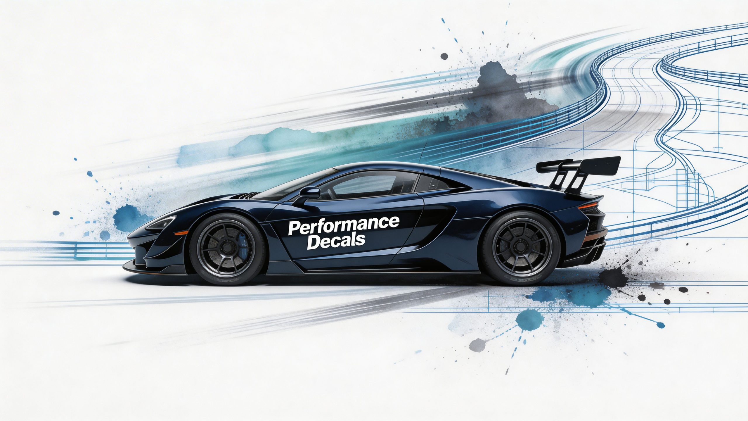 A sleek dark blue sports car driving on a stylized track with ink splatter and line art