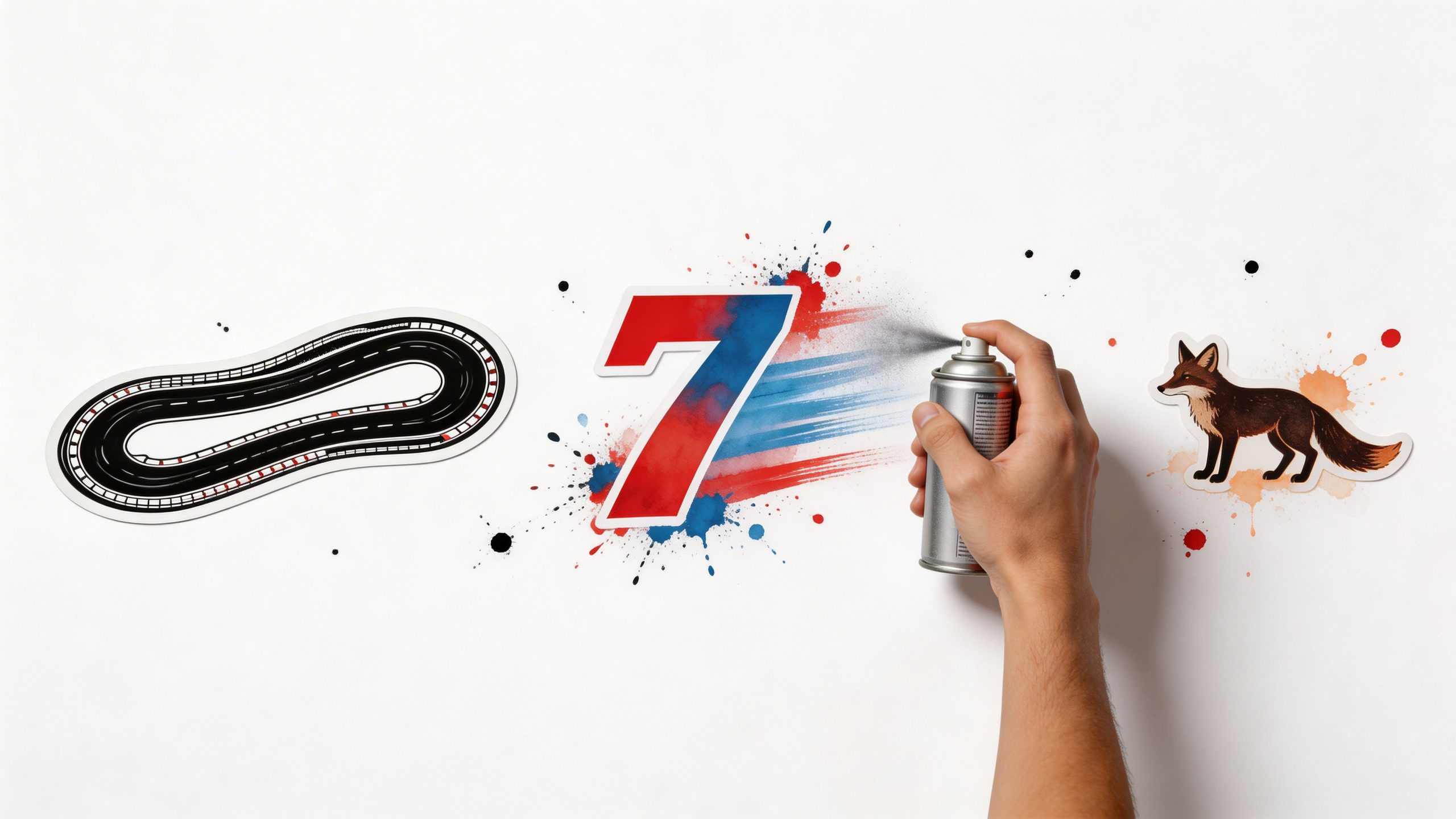 A hand uses a spray paint can to add artistic details to a race track decal and fox image.