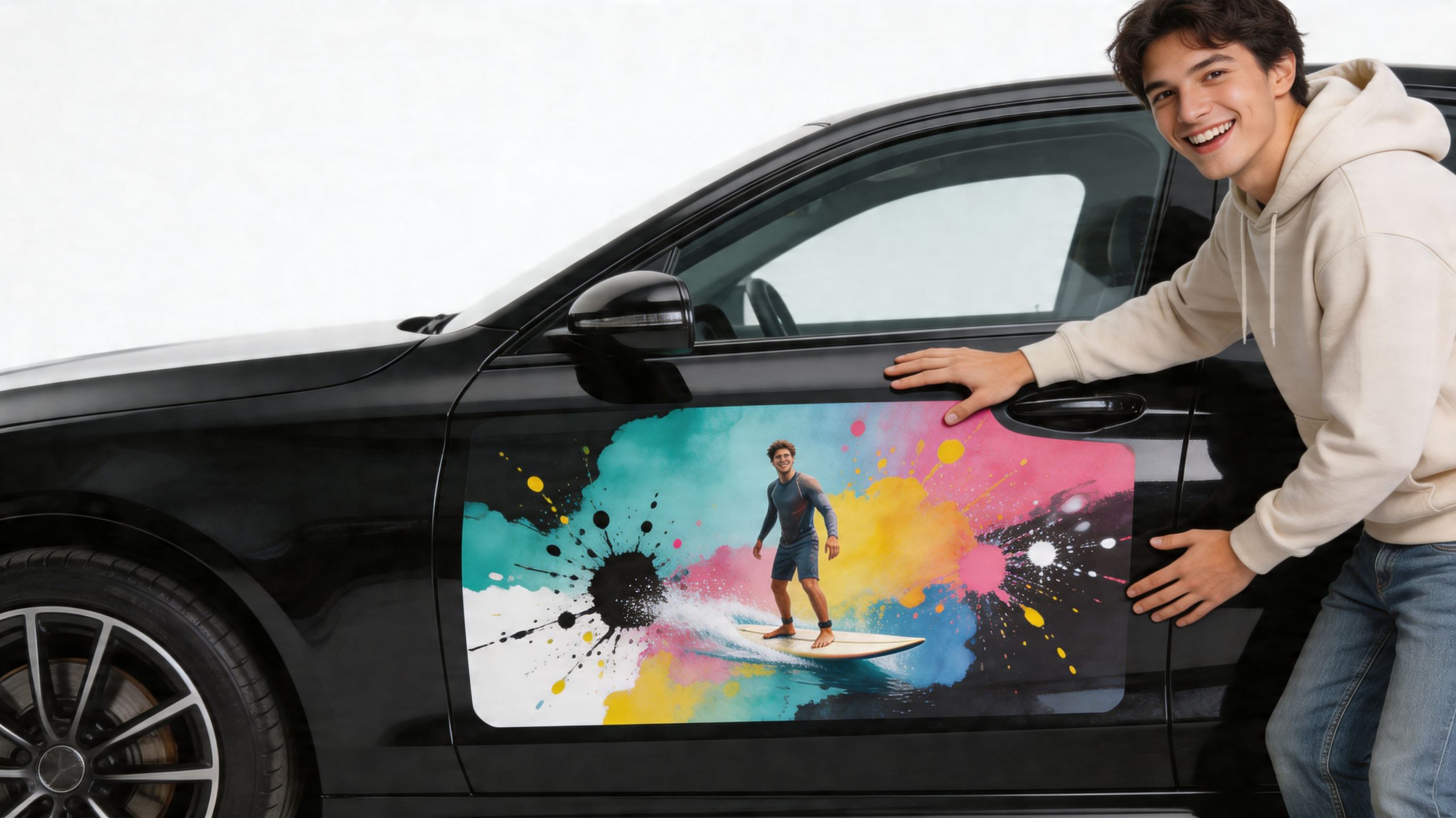 A smiling young man demonstrating a large, colorful removable vinyl sticker of a surfer on a car door.