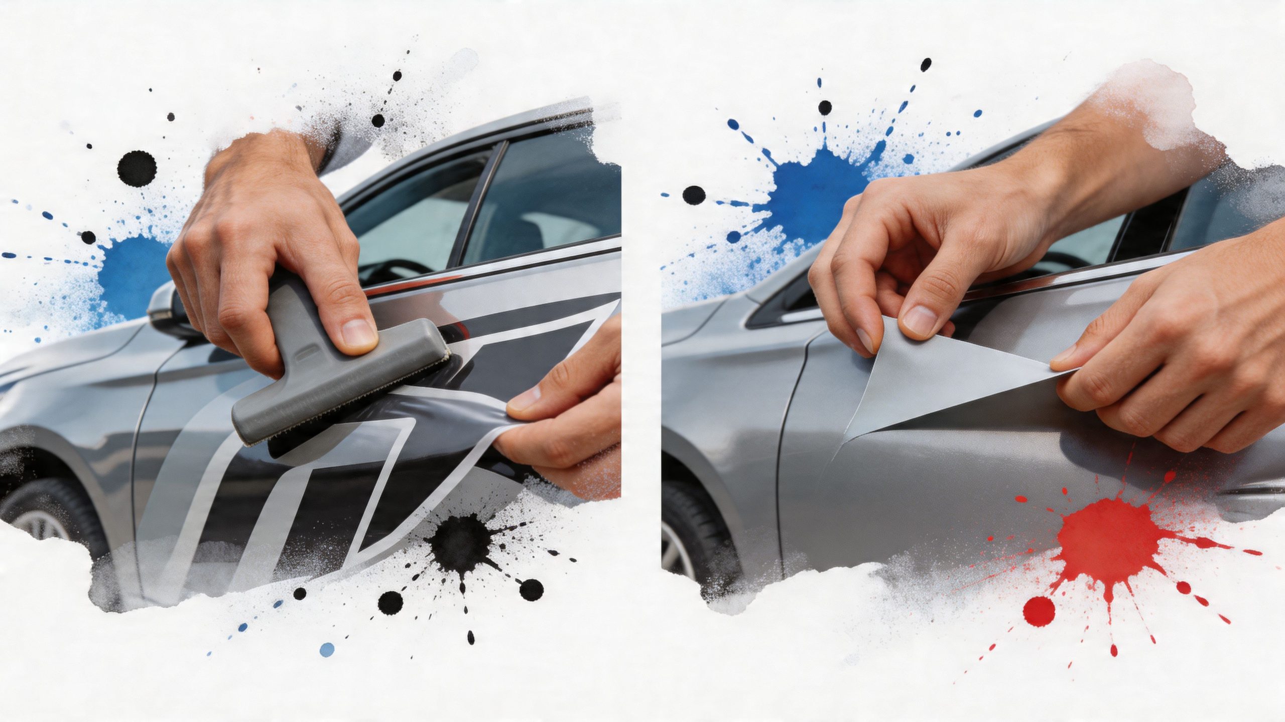 A person applying a graphic sticker on a car door and peeling off a vinyl decal.