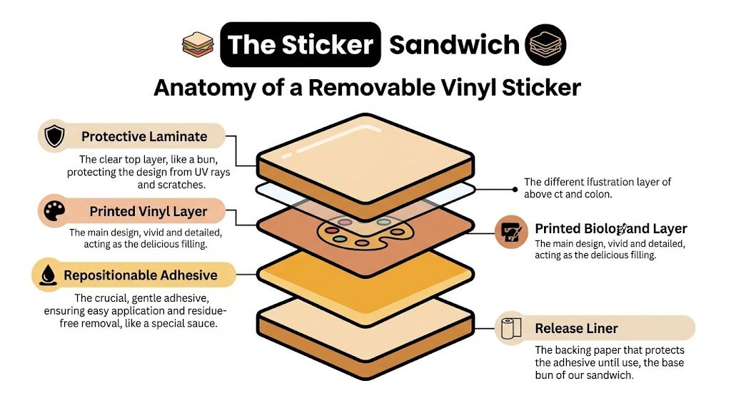 A diagram explaining the multi-layer anatomy of a removable vinyl sticker, illustrated like a sandwich construction.