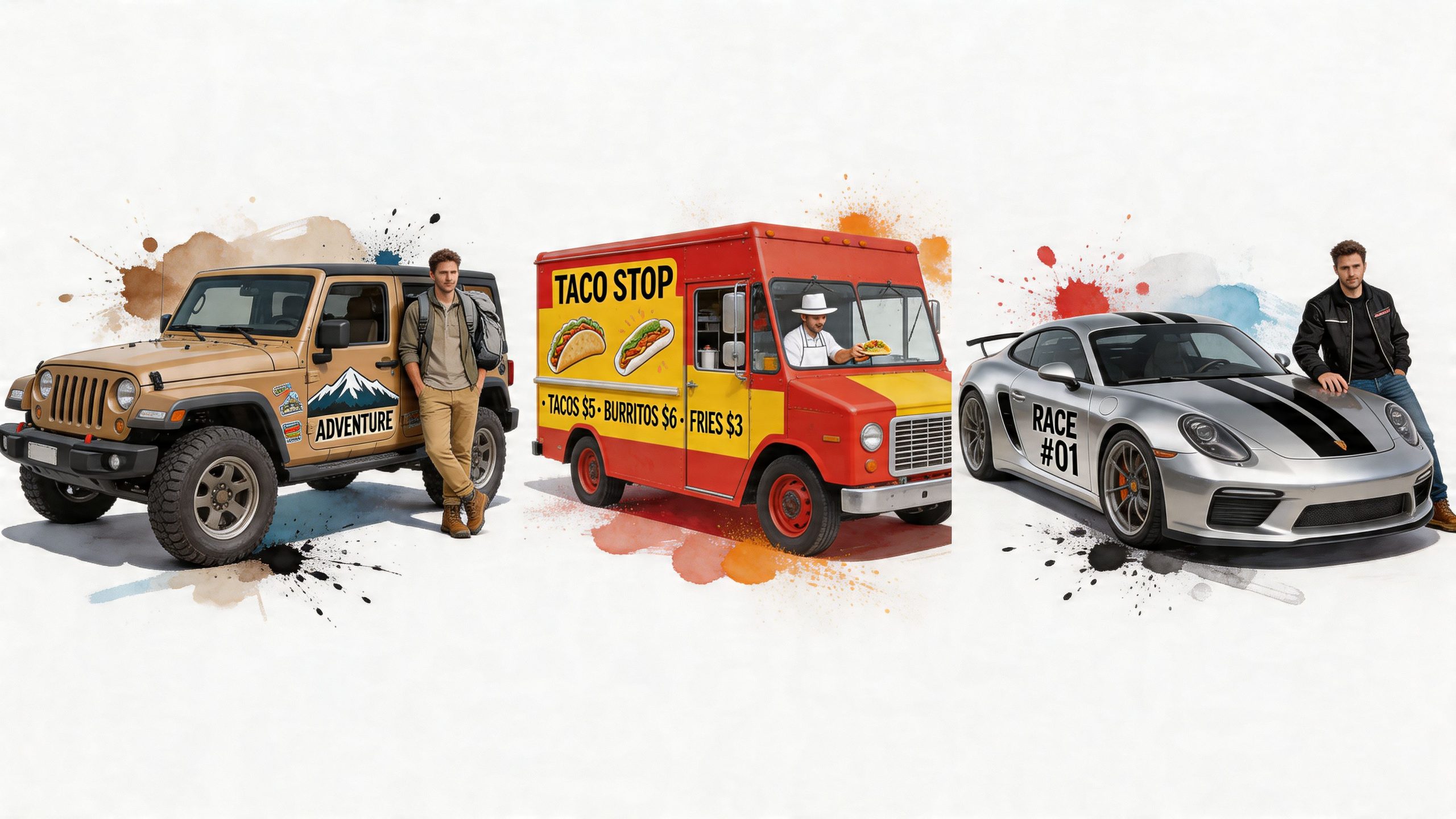 A composite image showing a man with a jeep, a taco food truck, and a sports car.