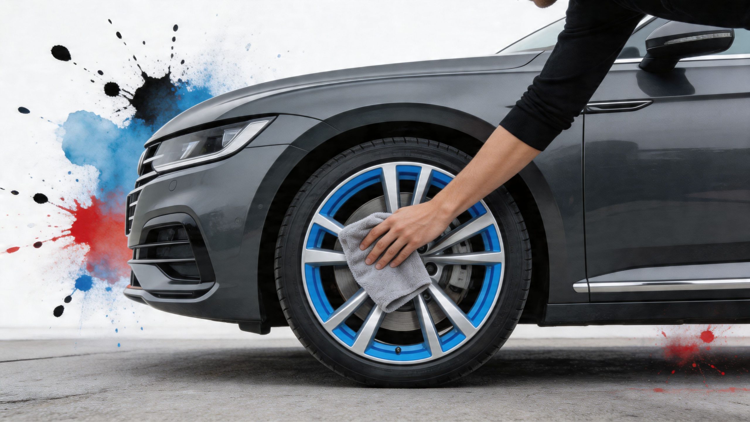 A person cleaning the bright blue and silver rims of a modern grey car with a cloth.