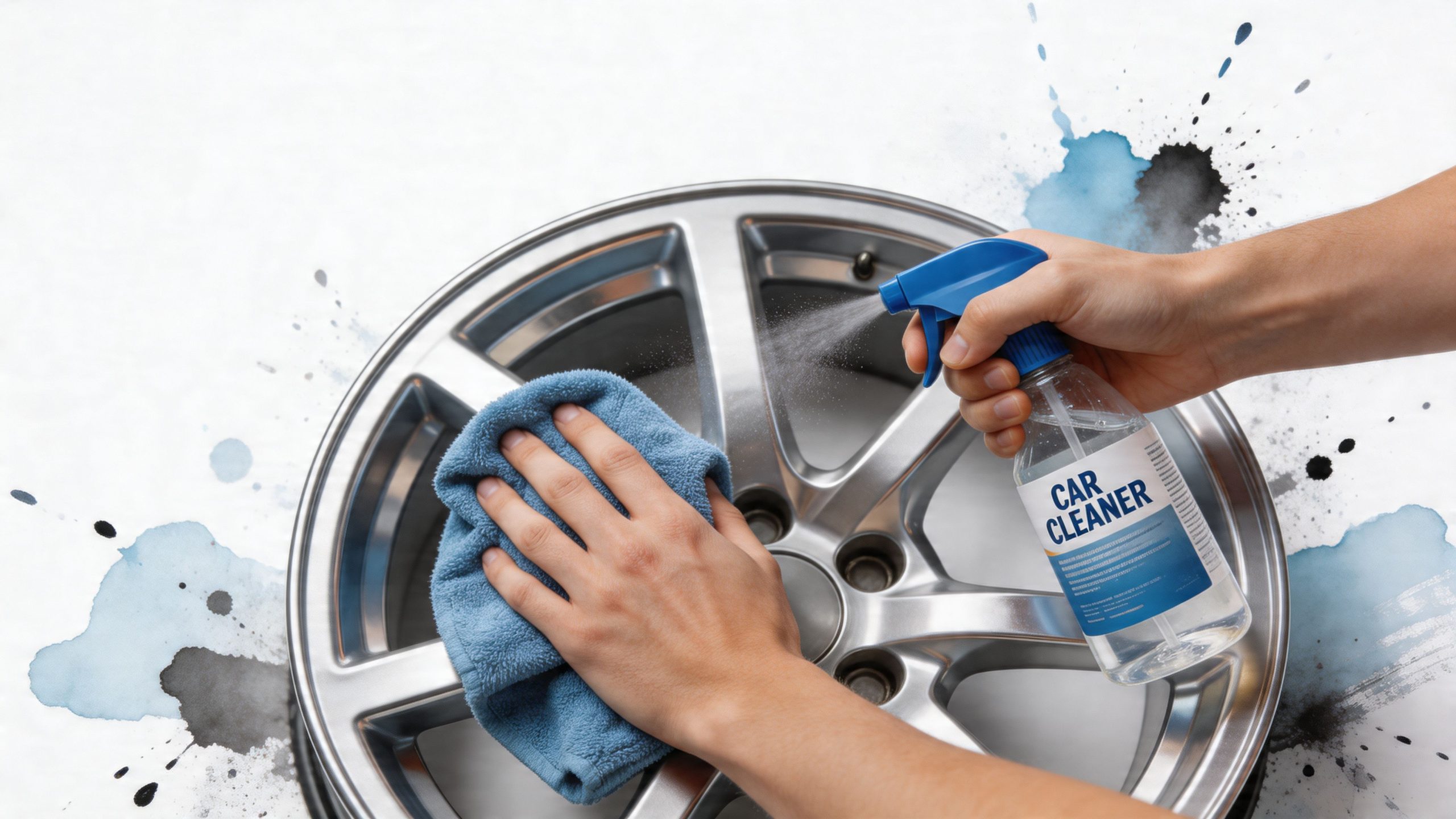 A person cleaning a silver car wheel rim with a blue microfiber cloth and spray cleaner.