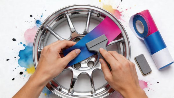 Person masking and painting a car alloy wheel with blue-pink gradient tape, using a scraper; colorful paint splashes on background.