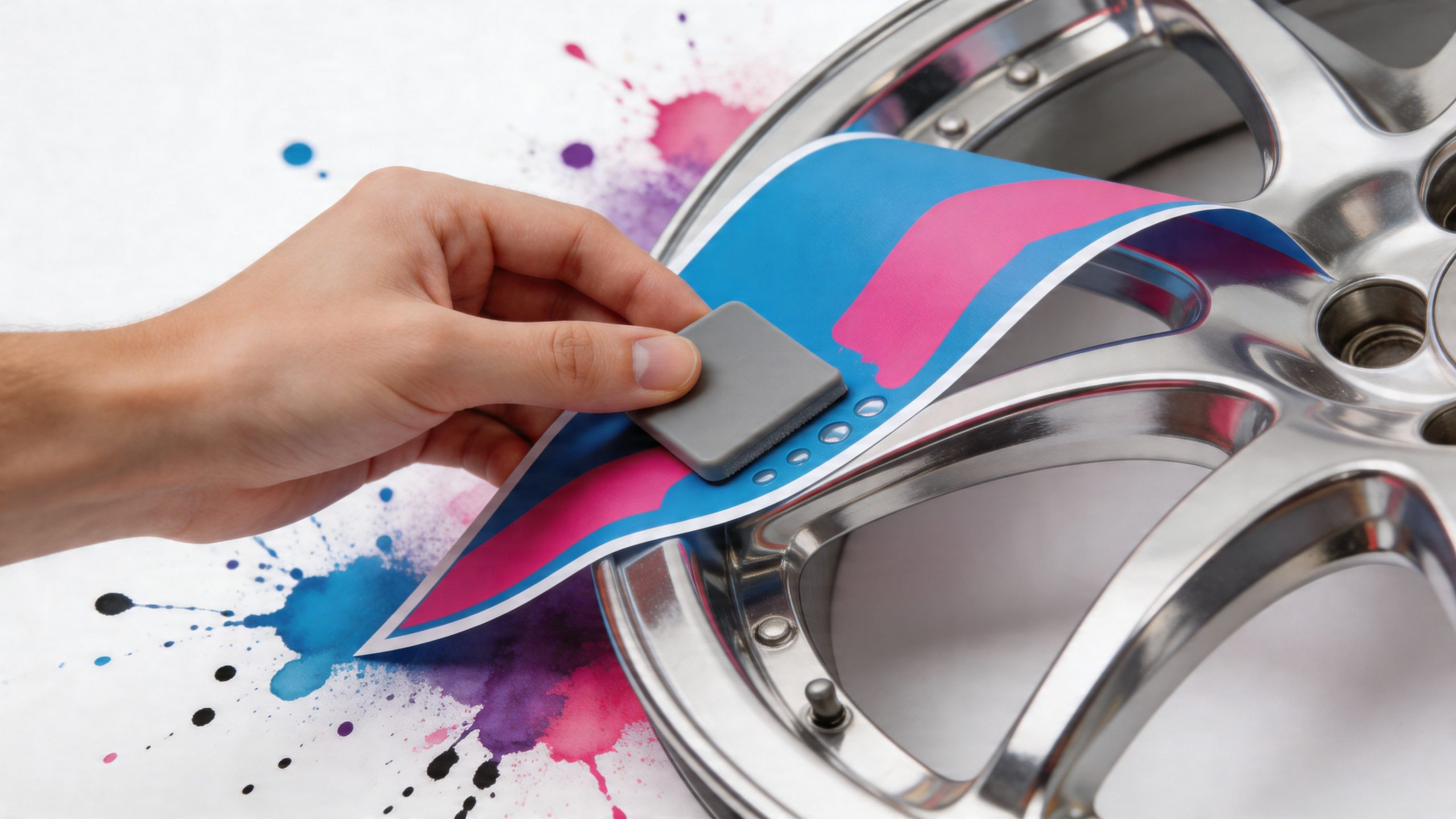 A person applying a colorful vinyl decal onto a polished chrome car wheel rim using a tool.