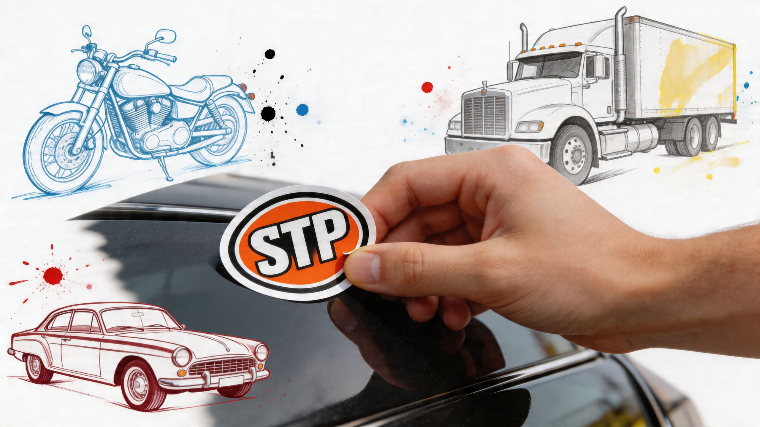 A hand placing an STP oil sticker on a car with sketches of a motorcycle, truck, and car.