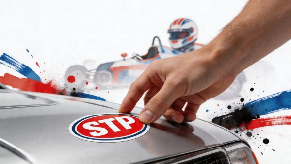 Person placing a red STOP sticker on a car hood with blue-red paint splashes in the background, suggesting a warning or stop signal.
